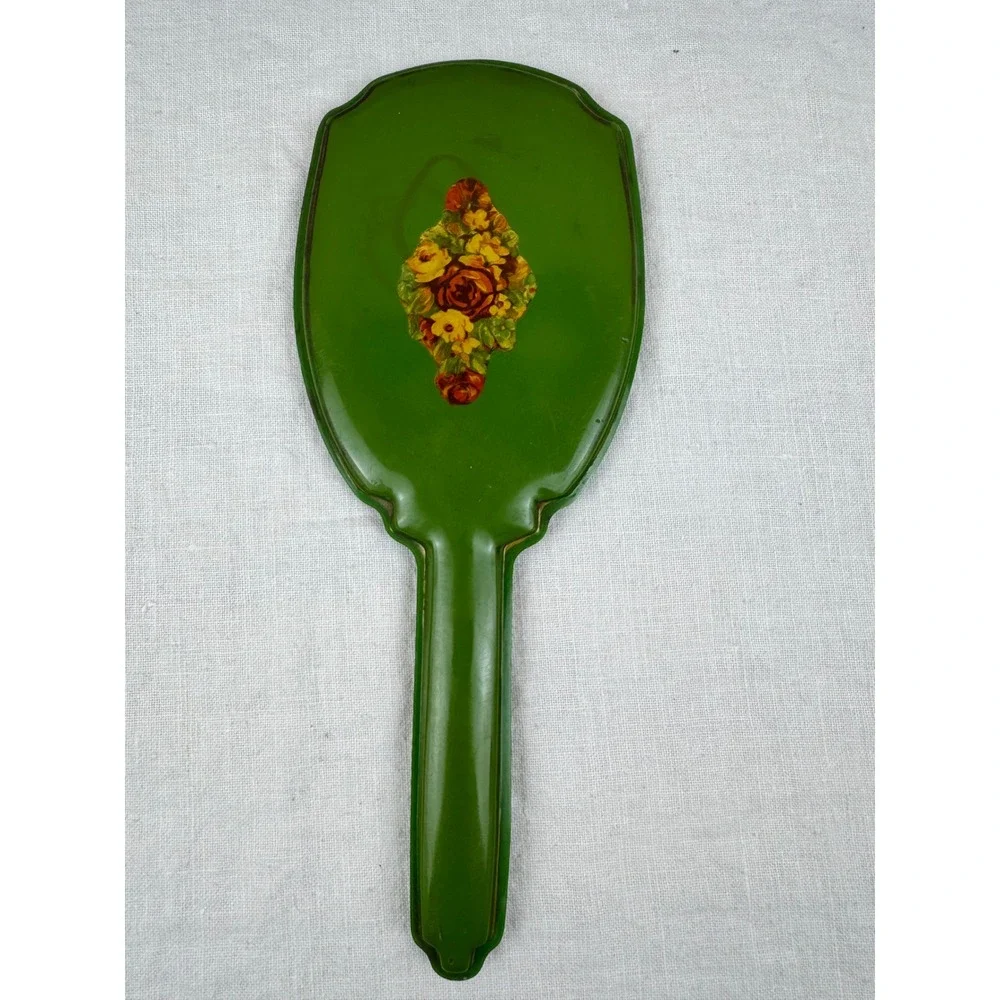 Vintage Green Floral Hand Mirror Mid Century Celluloid Cottagecore Vanity Decor